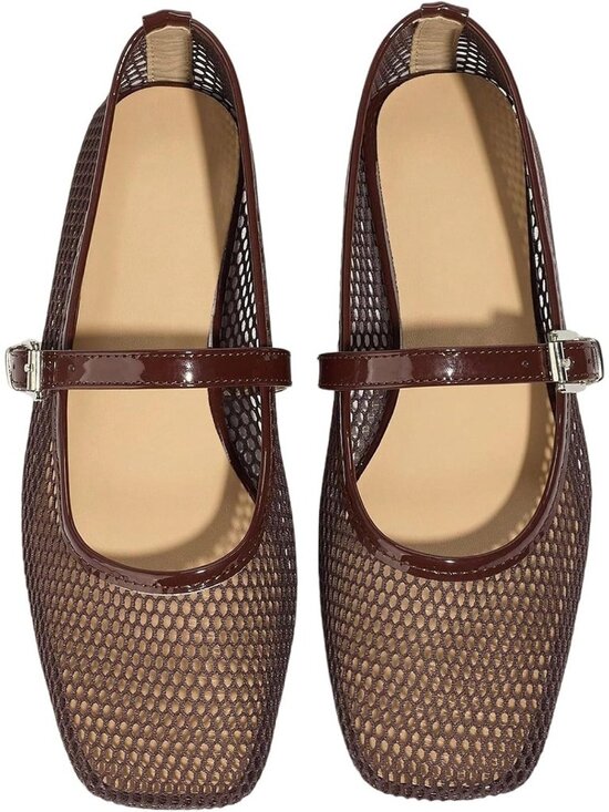 Shoes - Women's Dark Brown Mesh Comfortable Square Closed Toe Mary Jane Ballet Flats